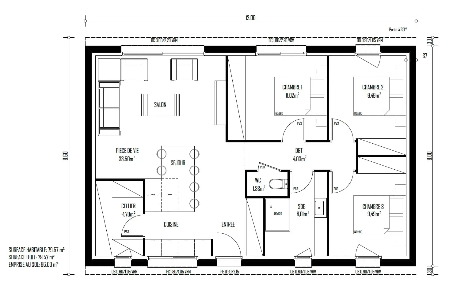 Plan maison plain-pied 3 chambres 80m2 Aurore 80 Piraino