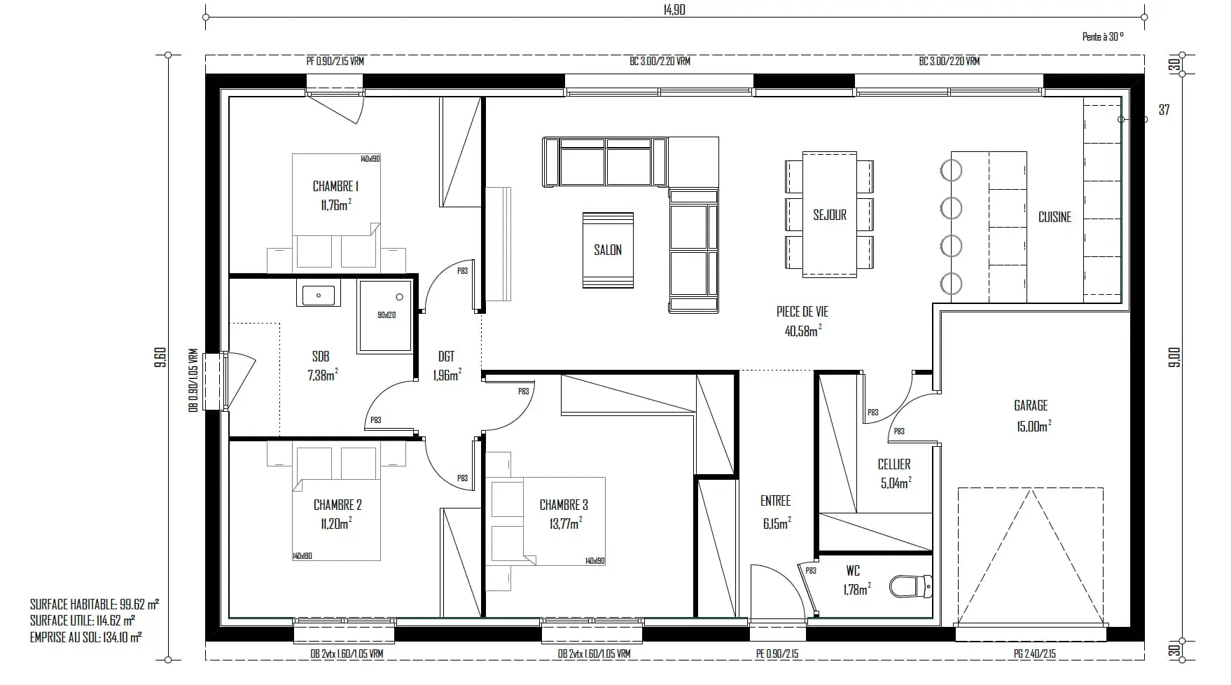 Plan maison plain-pied 3 chambres 100m2 Azur 100 Piraino